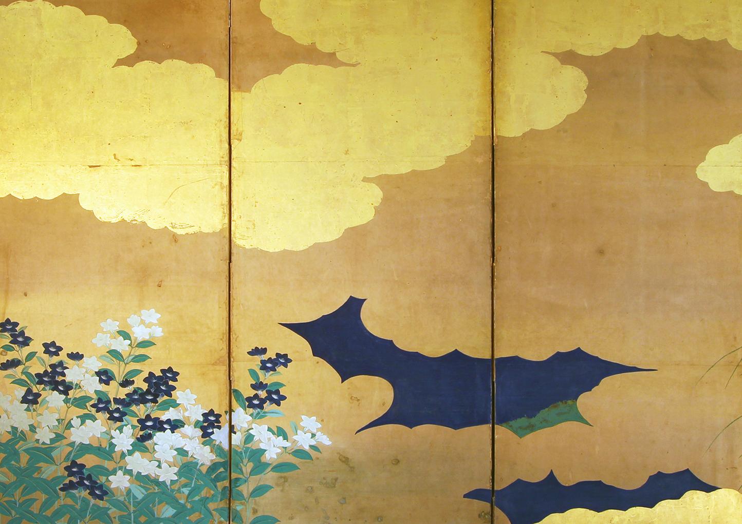 Japanischer klappbarer Raumteiler aus der Edo-Periode des 19. Jahrhunderts mit sechs Tafeln, Blumen auf Blattgold im Angebot 2