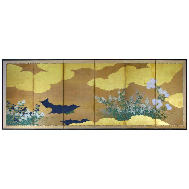 Japanese Landscape Folding Screen Rice Paper and Gold Leaf at 1stDibs ...