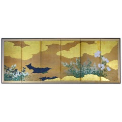 Edo Period 19th Century Japanese Folding Screen Six Panels Flowers on Gold Leaf