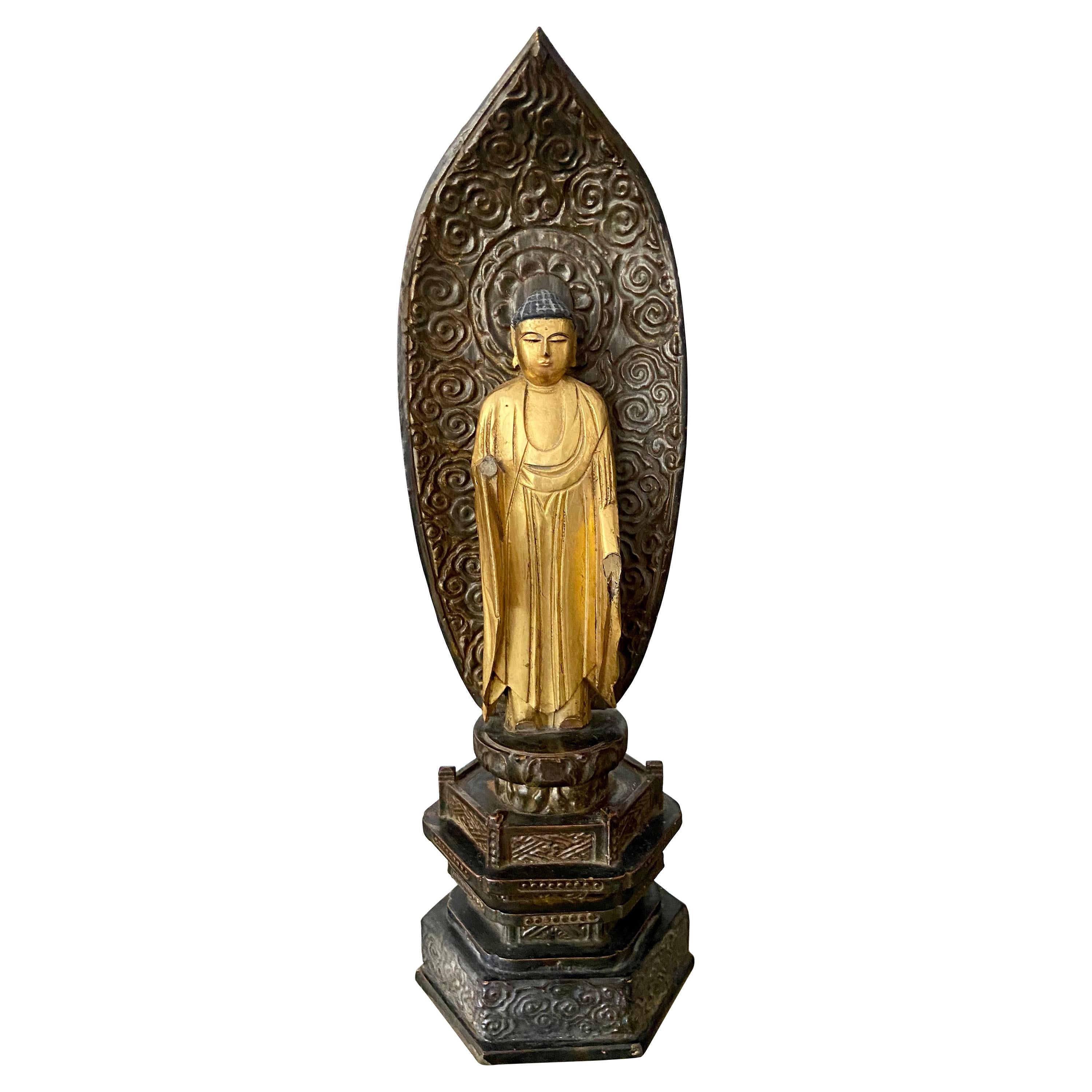 Bouddha Amida japonais du 19ème siècle sur pied en bois doré de la période Edo