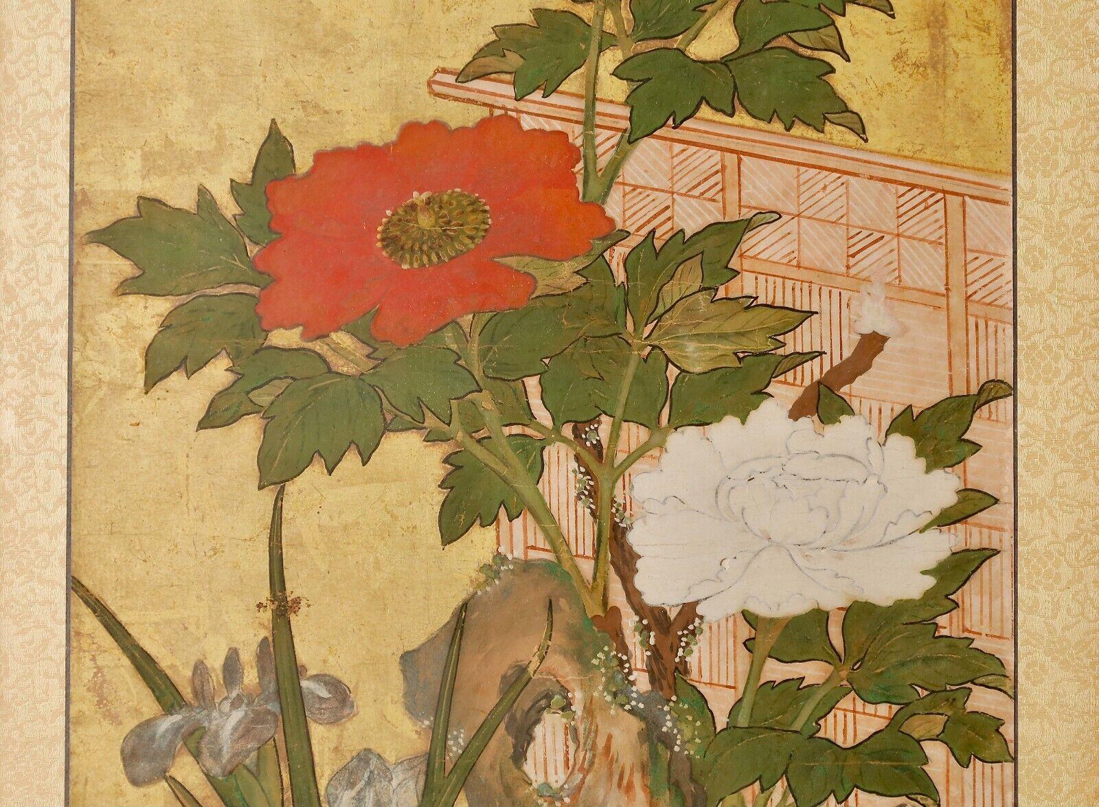 Hand-Painted Edo Period (19th) Japanese antique painting of flowers For Sale
