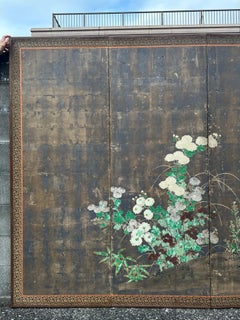 Edo Period 6-Panel Screen: Chrysanthemums and Butterfly on Silver Leaf