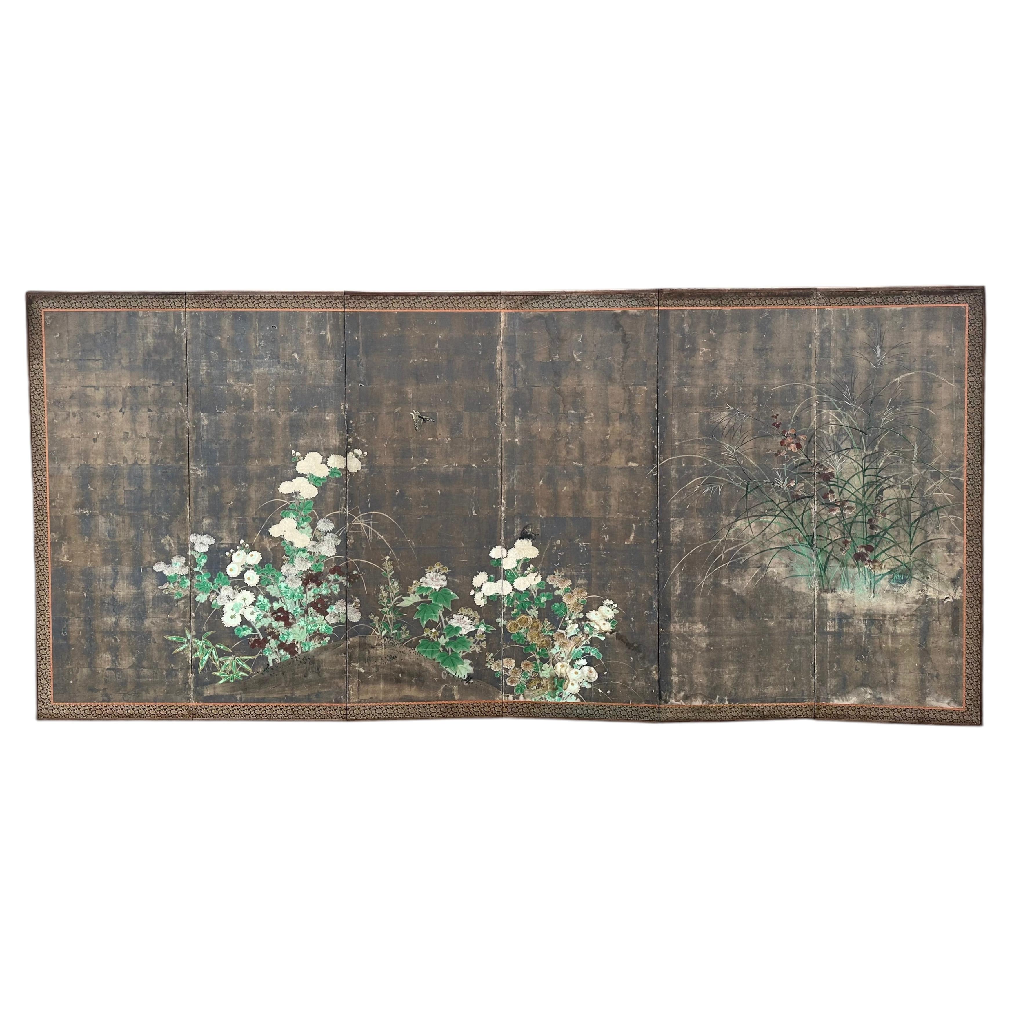 Edo Period 6-Panel Screen: Chrysanthemums and Butterfly on Silver Leaf