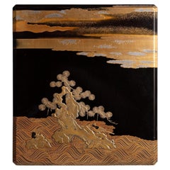 Edo Period Daimyo Gold Maki-e Suzuribako, Pine & Wagtail