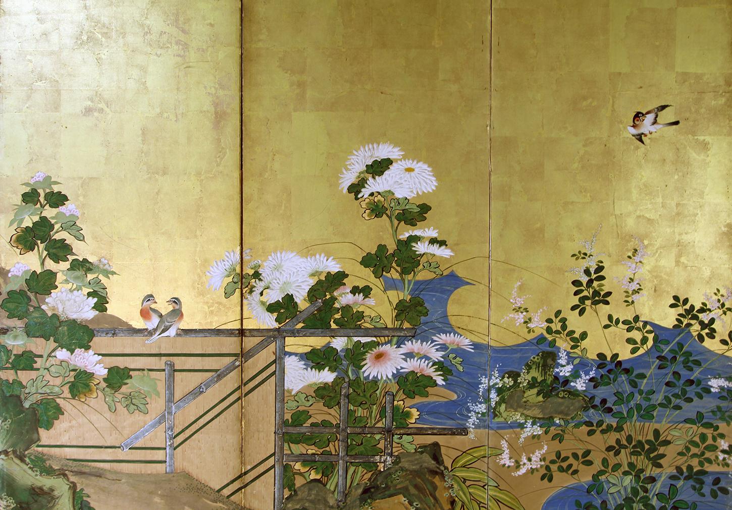 Cheerful landscape with flowers and birds in six panels painted with mineral pigments on gold leaf, 
Flowers made with the 