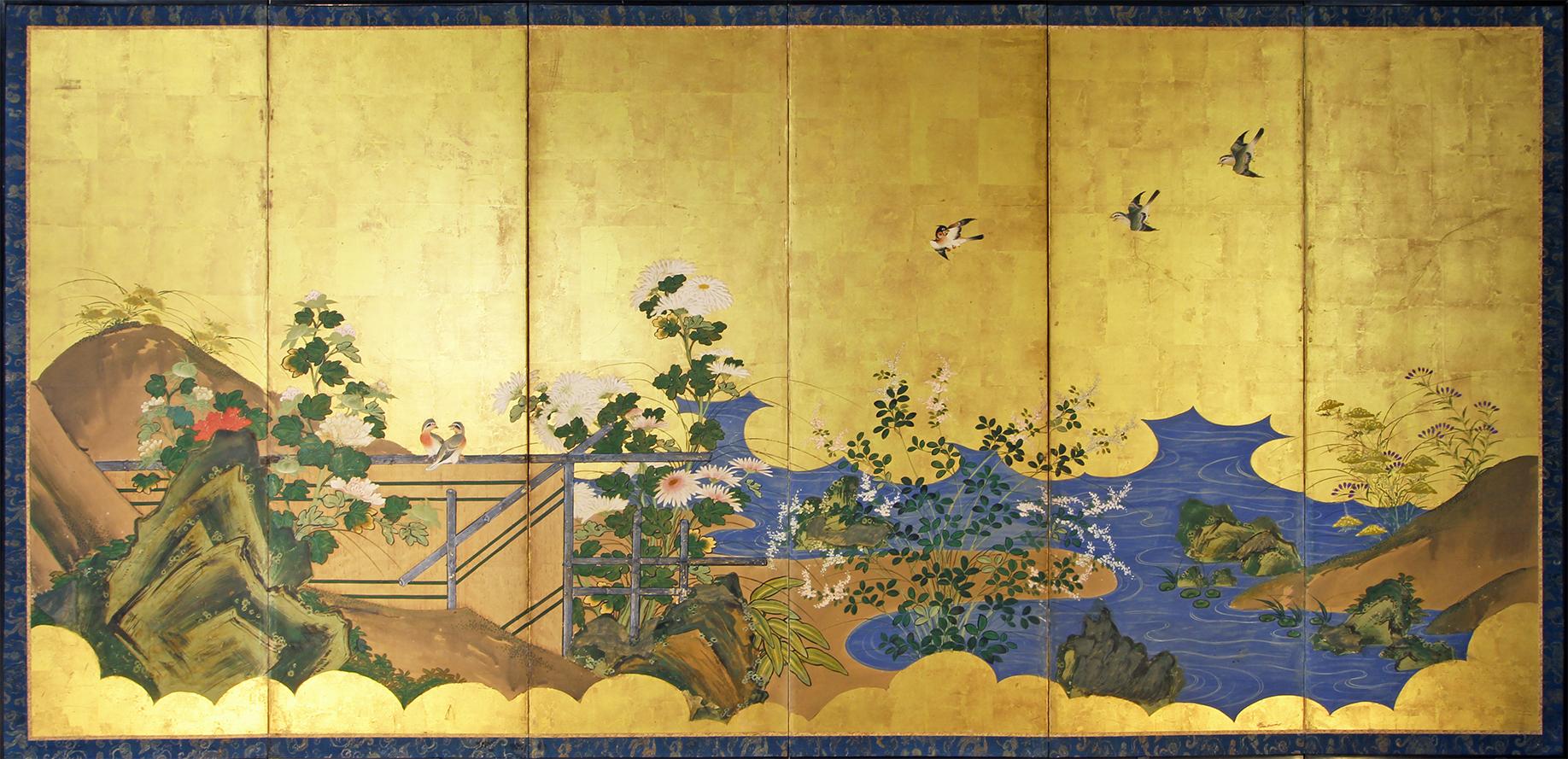 Gold Leaf Edo Period, Early 19th Century Japanese Folding Screen by Rinpa School
