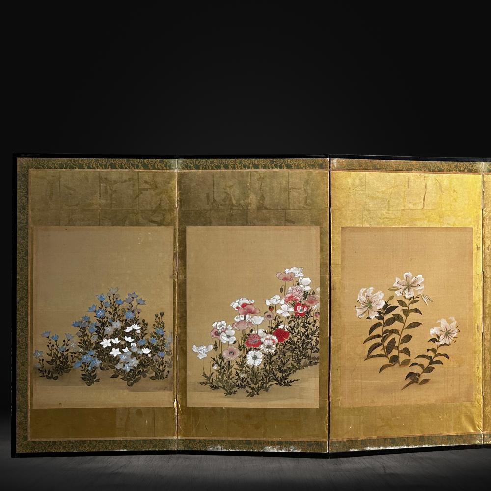Edo Period Golden Screen - Summer Florals

Period: Edo
Size: 285 x 92.5 cm (112.2 x 36.4 inches)
SKU: PTA141

This Edo period screen is a golden-framed window into the summer gardens of Japan. Each panel is a skillful painting of flowers in bloom,
