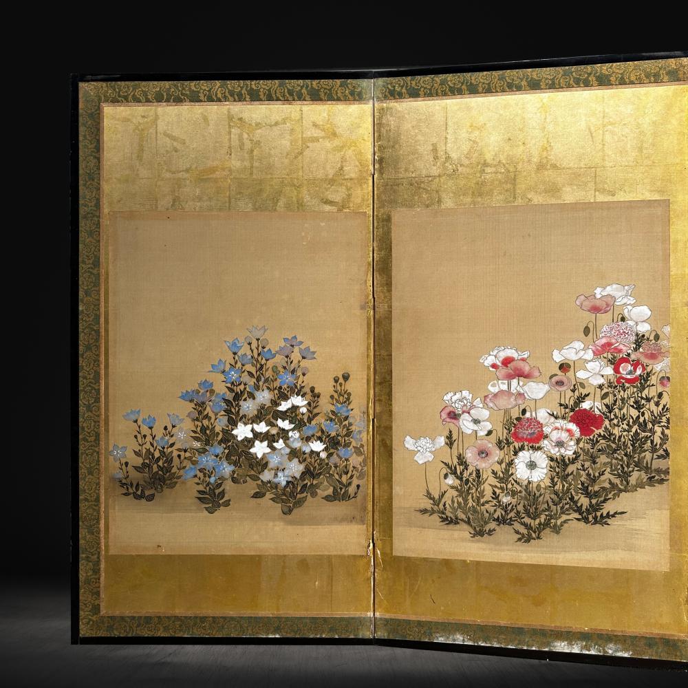 Hand-Crafted Edo Period Golden Screen - Summer Florals For Sale
