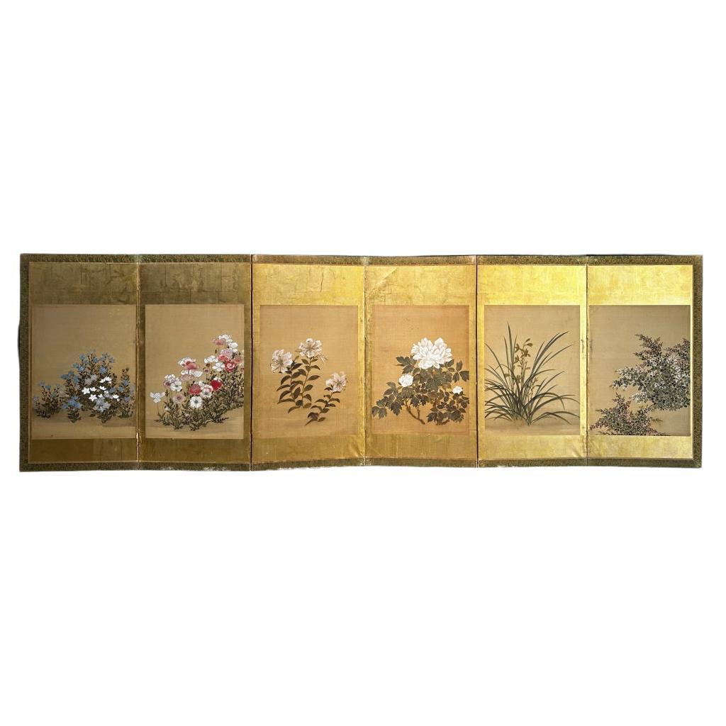 Edo Period Golden Screen - Summer Florals For Sale