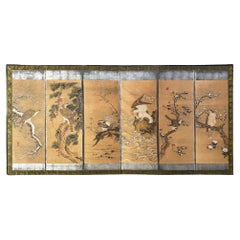 Antique Edo Period Hawks in Nature Screen