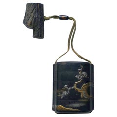 Edo Period Japanese Five-Case Inro with Plum Blossoms, Bird, Netsuke