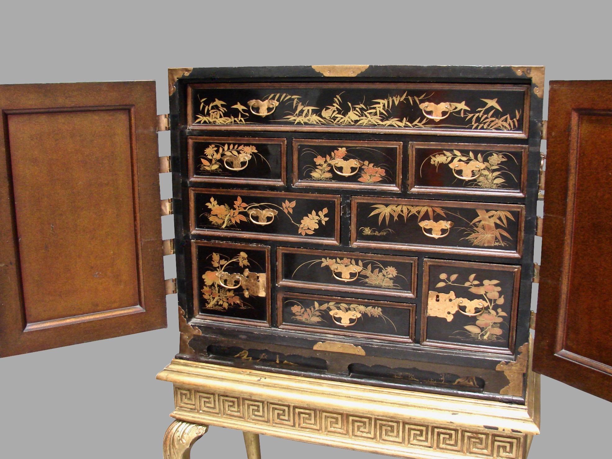 18th Century and Earlier Edo Period Japanese Lacquer Cabinet on English Giltwood Stand