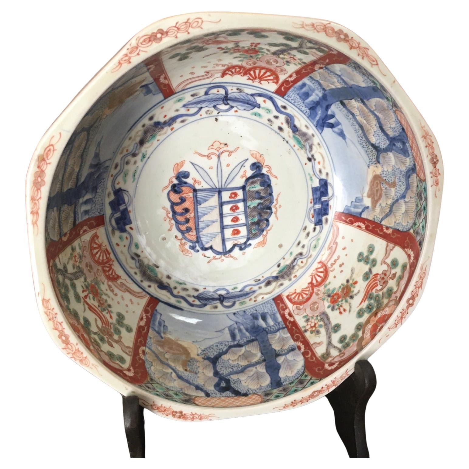 Edo Period Japanese Large Octagonal Imari Bowl w/ Eight Vignettes circa 1700s