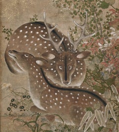 Edo period Japanese Screen. Deer in an Autumn Landscape.