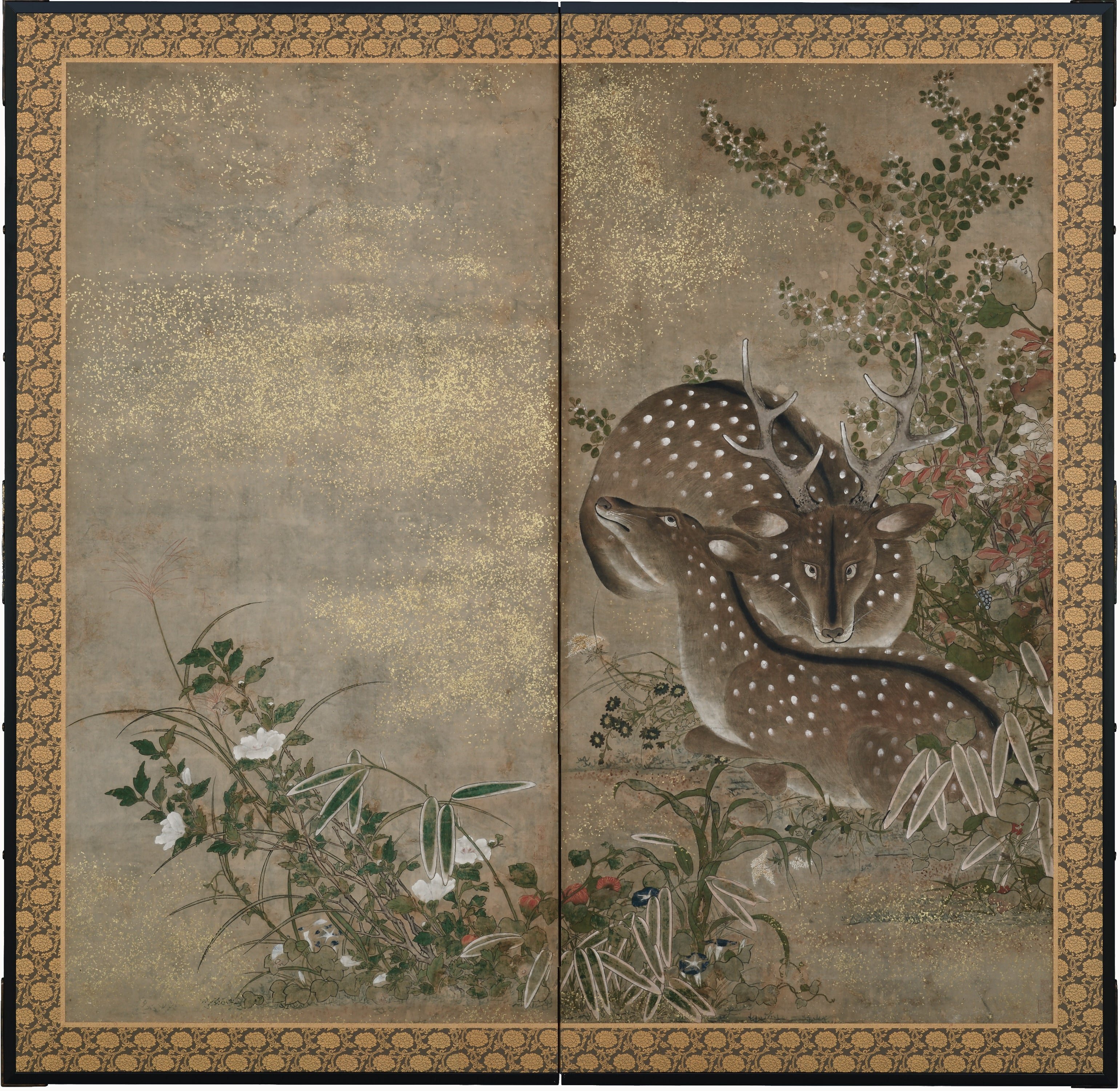 Japanese Screen. Edo period. Spotted Deer and Autumn Flowers.