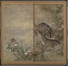 Edo period Japanese Screen. Deer in an Autumn Landscape.