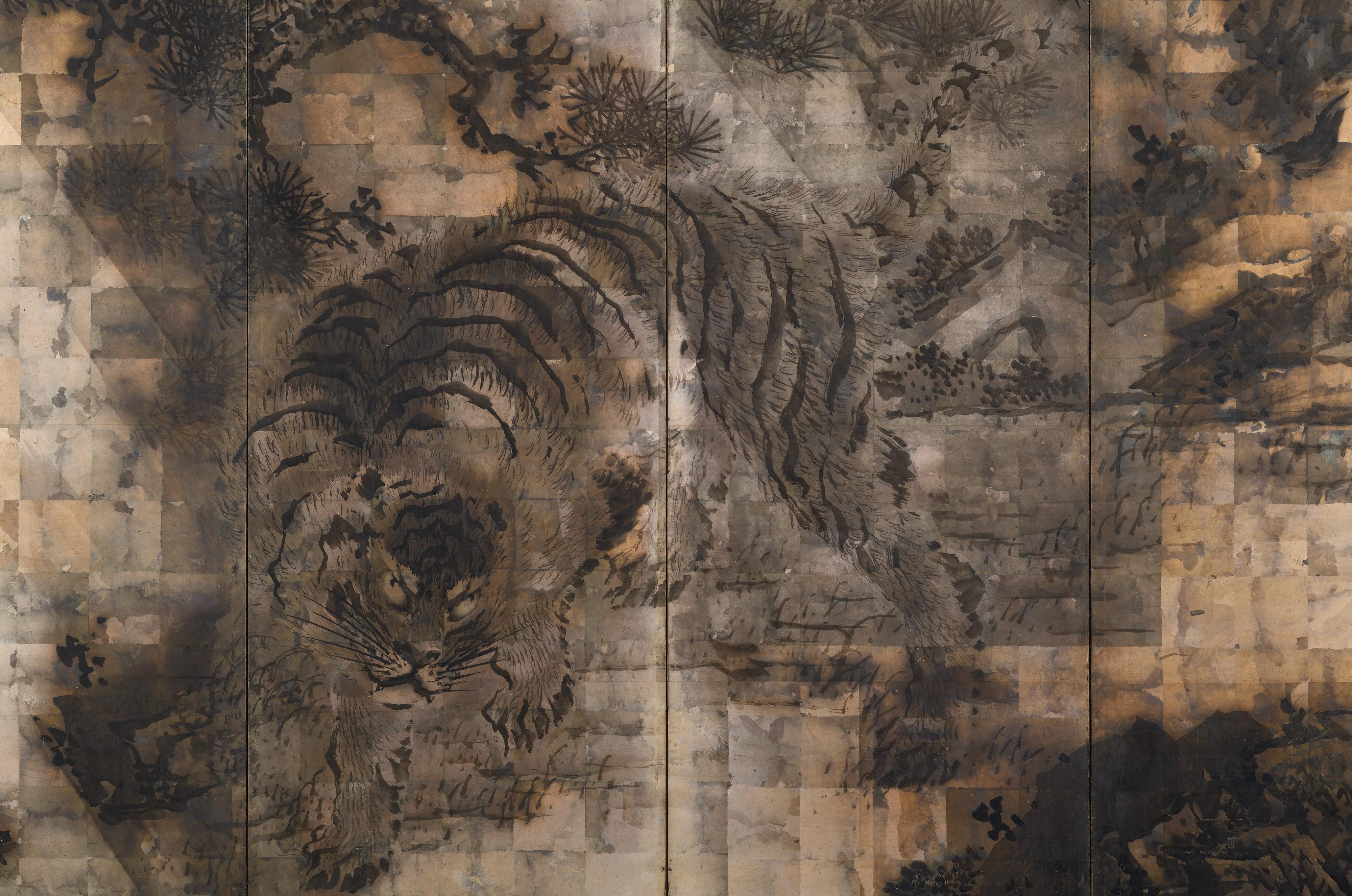 Kishi Ganku (1749/1756-1838)

Tiger and Pine

A six-panel Japanese Screen. Ink on silver leaf.

The central focus of this Japanese screen is a large tiger, emerging from shadow, crouched beneath an ancient pine tree. The pine branches extend