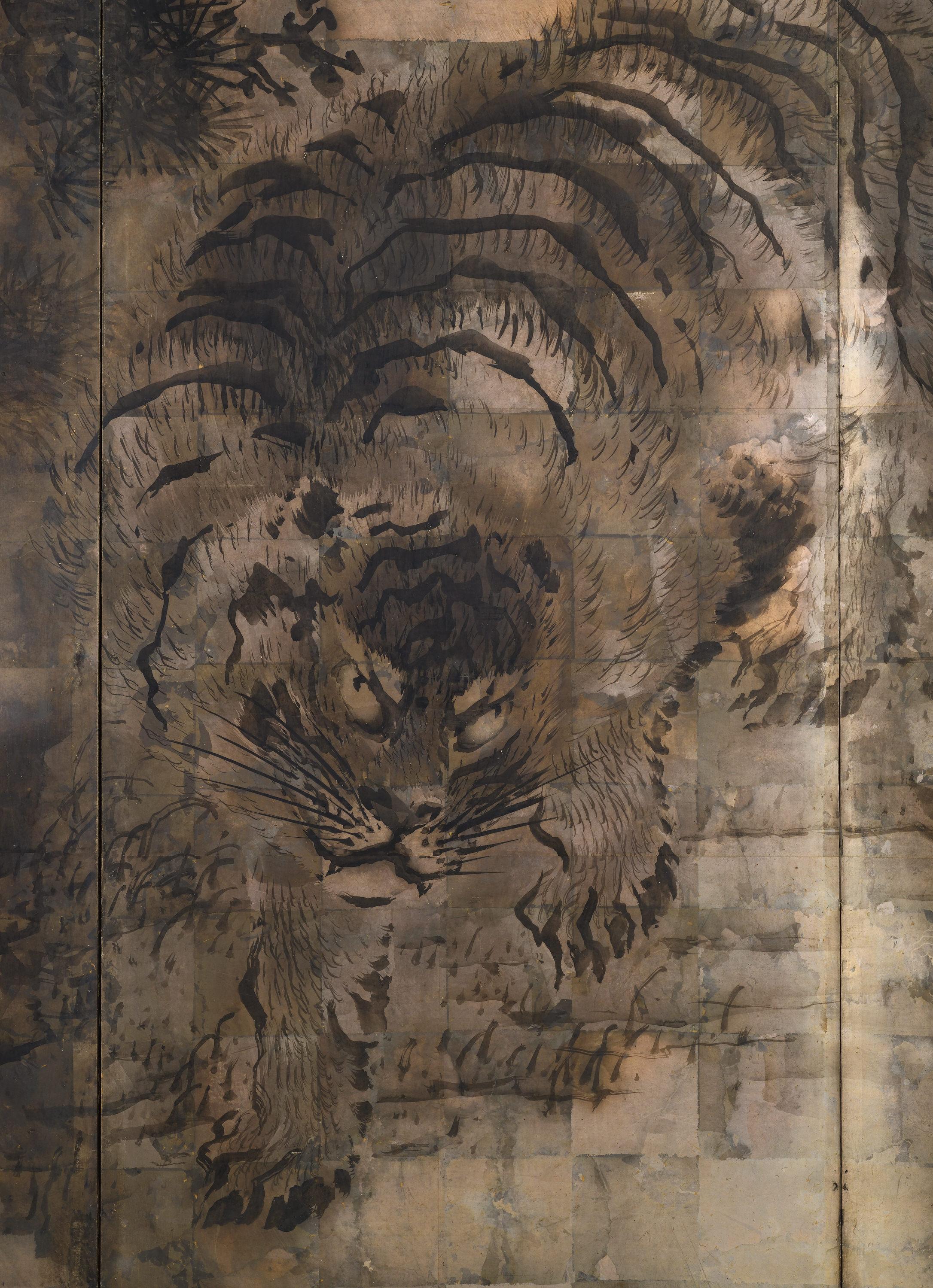 Edo period Japanese Screen. Tiger and Pine by Kishi Ganku. Japonés en venta