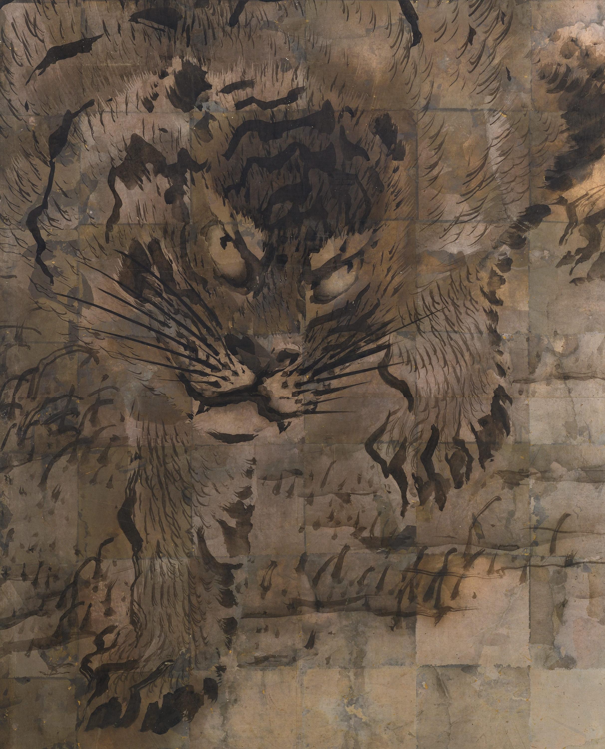 Edo period Japanese Screen. Tiger and Pine by Kishi Ganku. Pintado a mano en venta