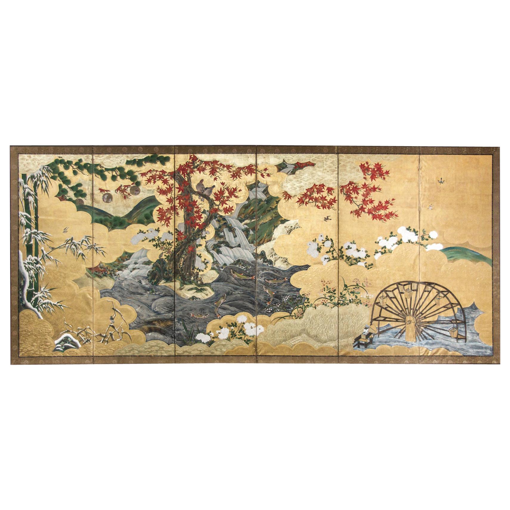 Edo Period Japanese Six Panel Screen Fall Into Winter