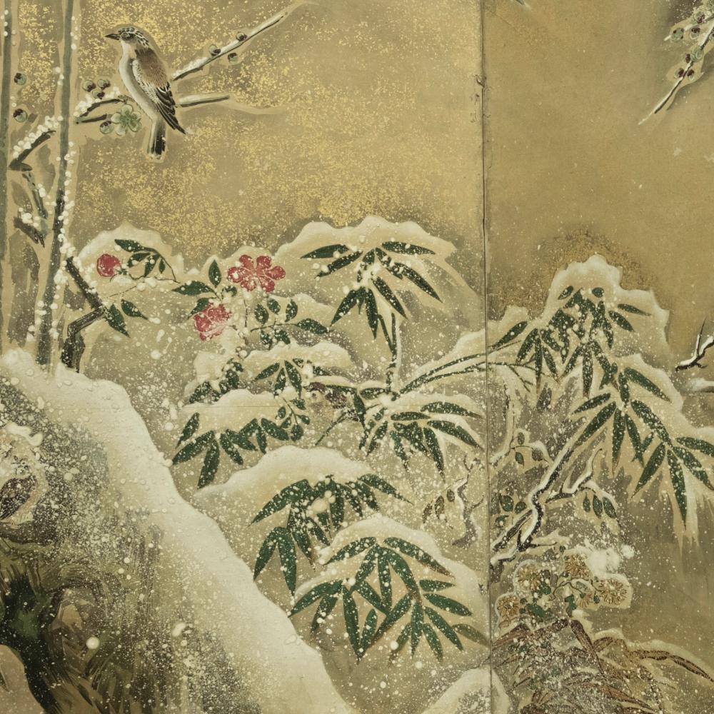 Embarquez pour un voyage à travers la beauté tranquille d'un paravent japonais de la période Edo, façonné par l'illustre Kanō Tsunenobu, maître de l'école Kanō et neveu de Kanō Tan'yū. Ce chef-d'œuvre de la fin du XVIIIe siècle ou du XIXe siècle,