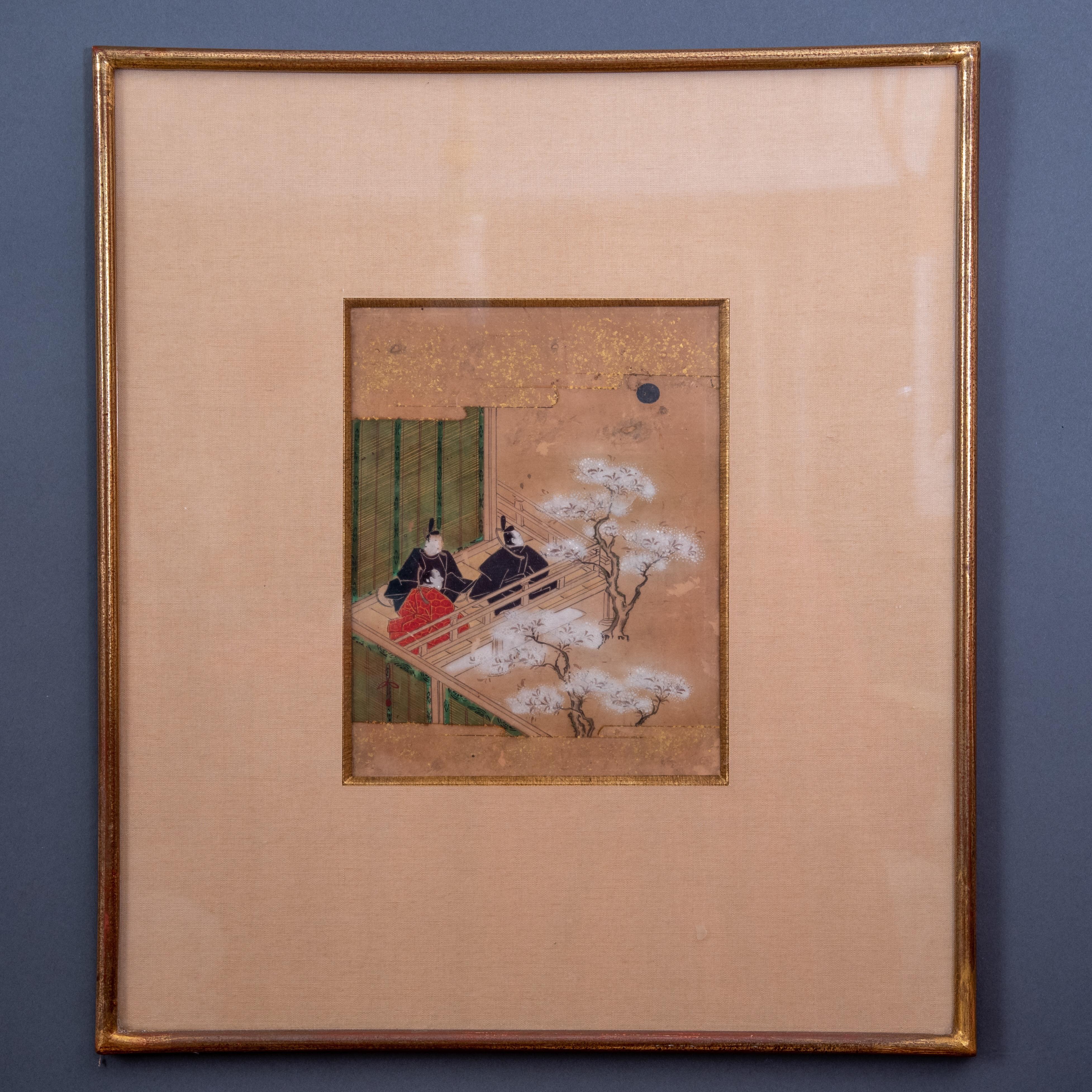 The painting depicts three Shinto priests on a terrace in meditation.
Edo period, 18th century.

Ink and color paper and gold flakes. 
It is under glass and has a giltwood frame.
Edo period, 18th century.
Probably based on a book called 