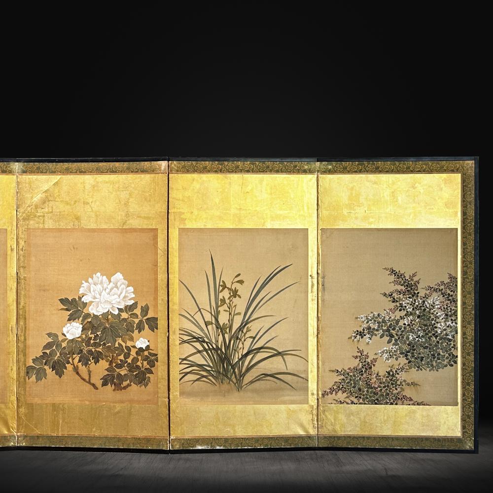Japanese Edo Period Rimpa School Golden Screen - Summer Florals For Sale