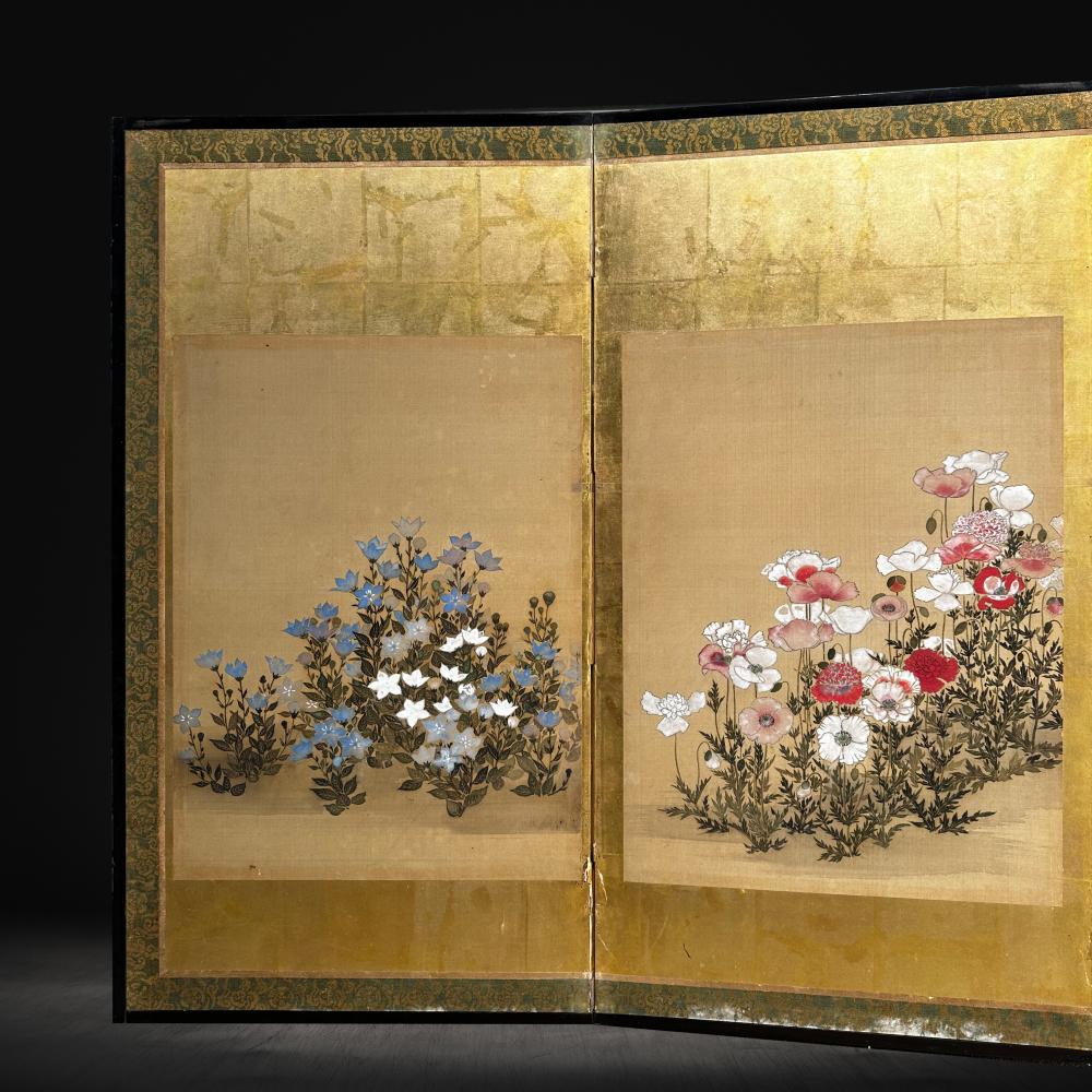 Hand-Crafted Edo Period Rimpa School Golden Screen - Summer Florals For Sale