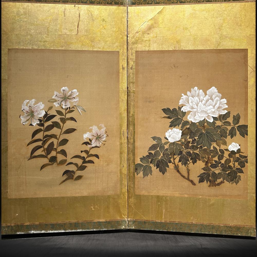 Gold Leaf Edo Period Rimpa School Golden Screen - Summer Florals For Sale