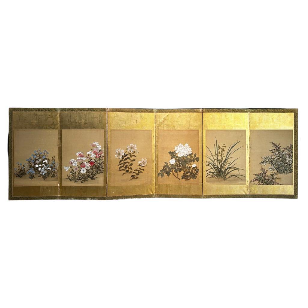 Biombo Dorado de la Escuela Rimpa del Periodo Edo - Flores de Verano