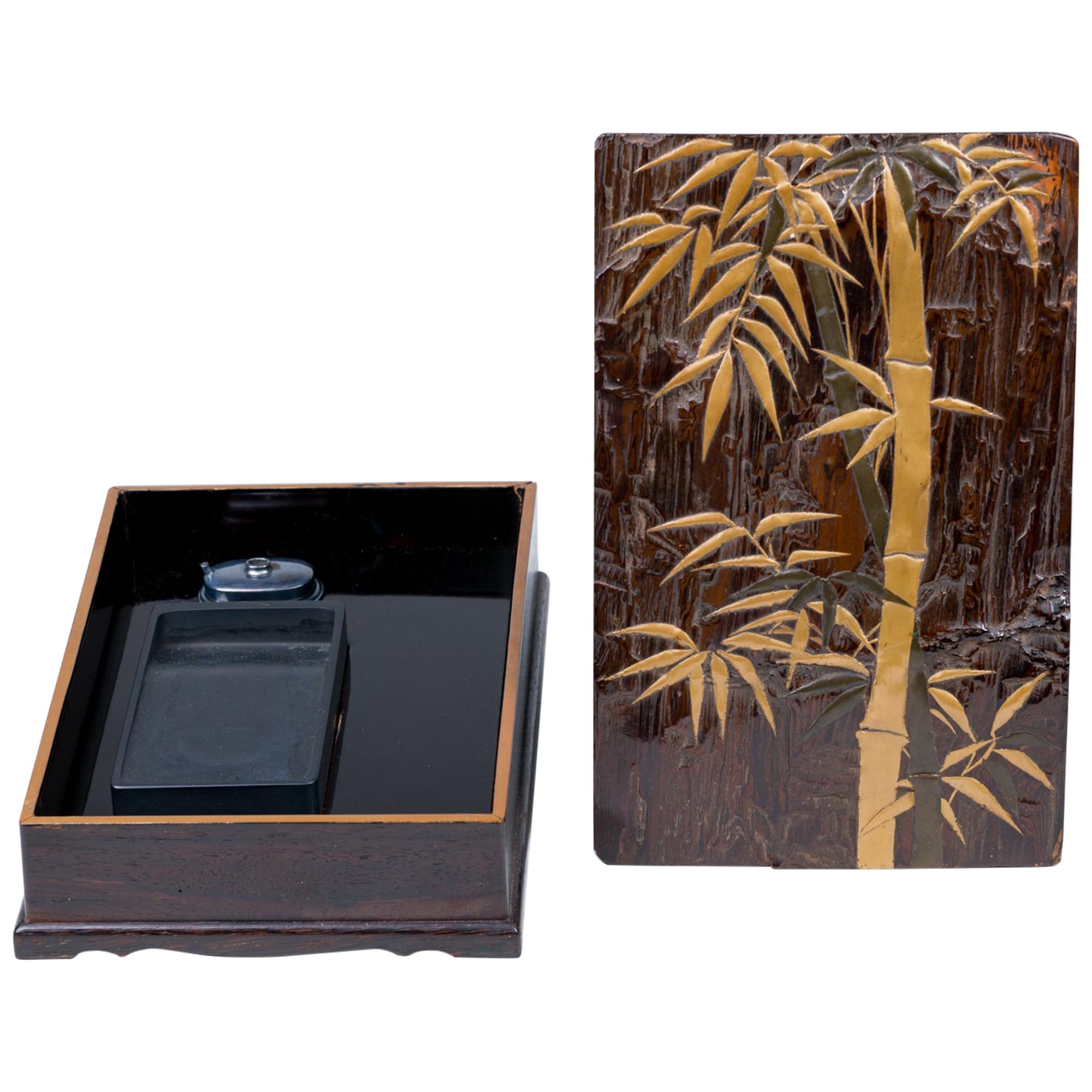 Edo Period Zitan Wood Suzuribako 'Writing Box' with Bamboo Design