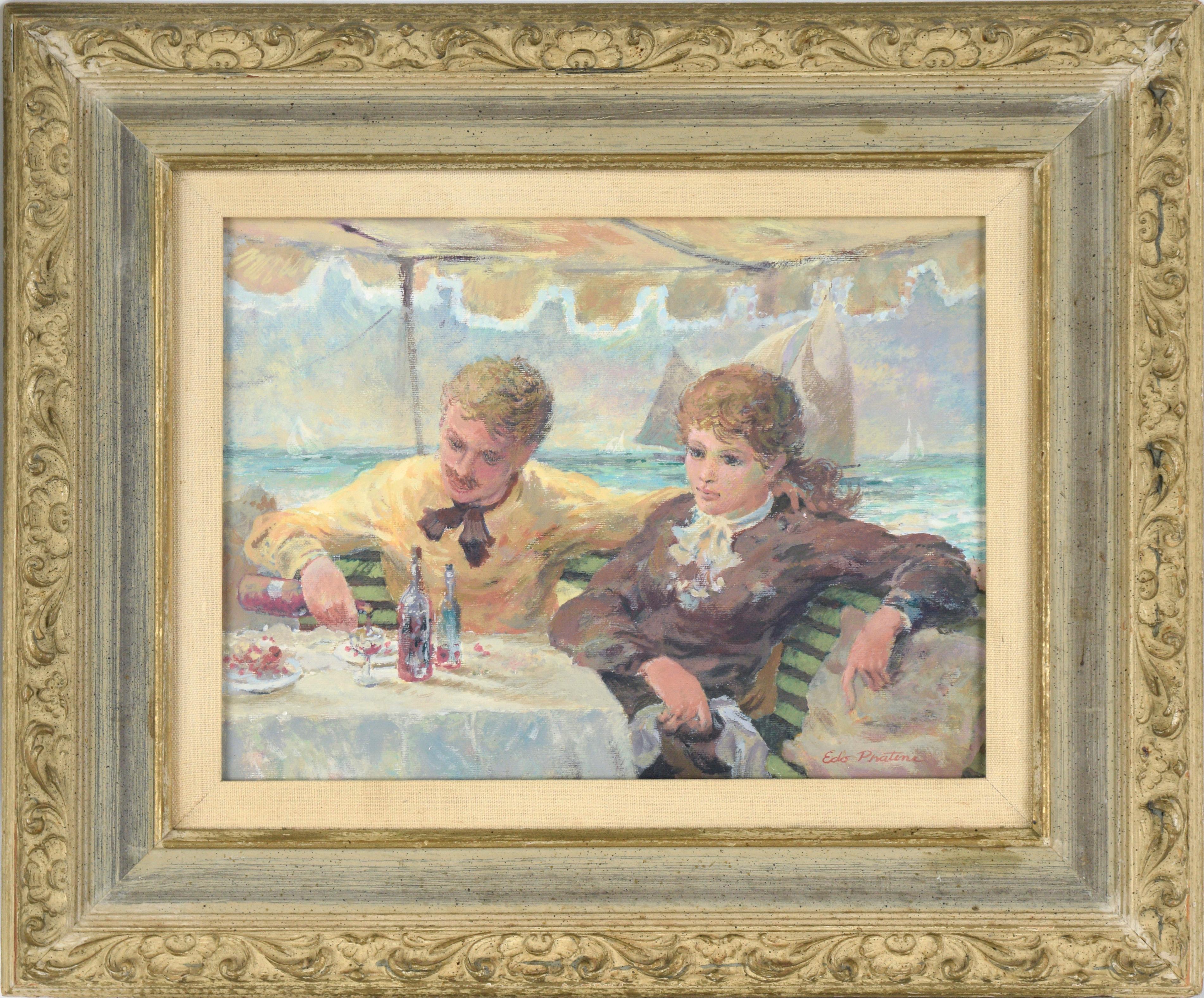 Edo Pratini Figurative Painting - "Boating Party" - Portrait of a Couple at Lunch on the coast in Brittany France 