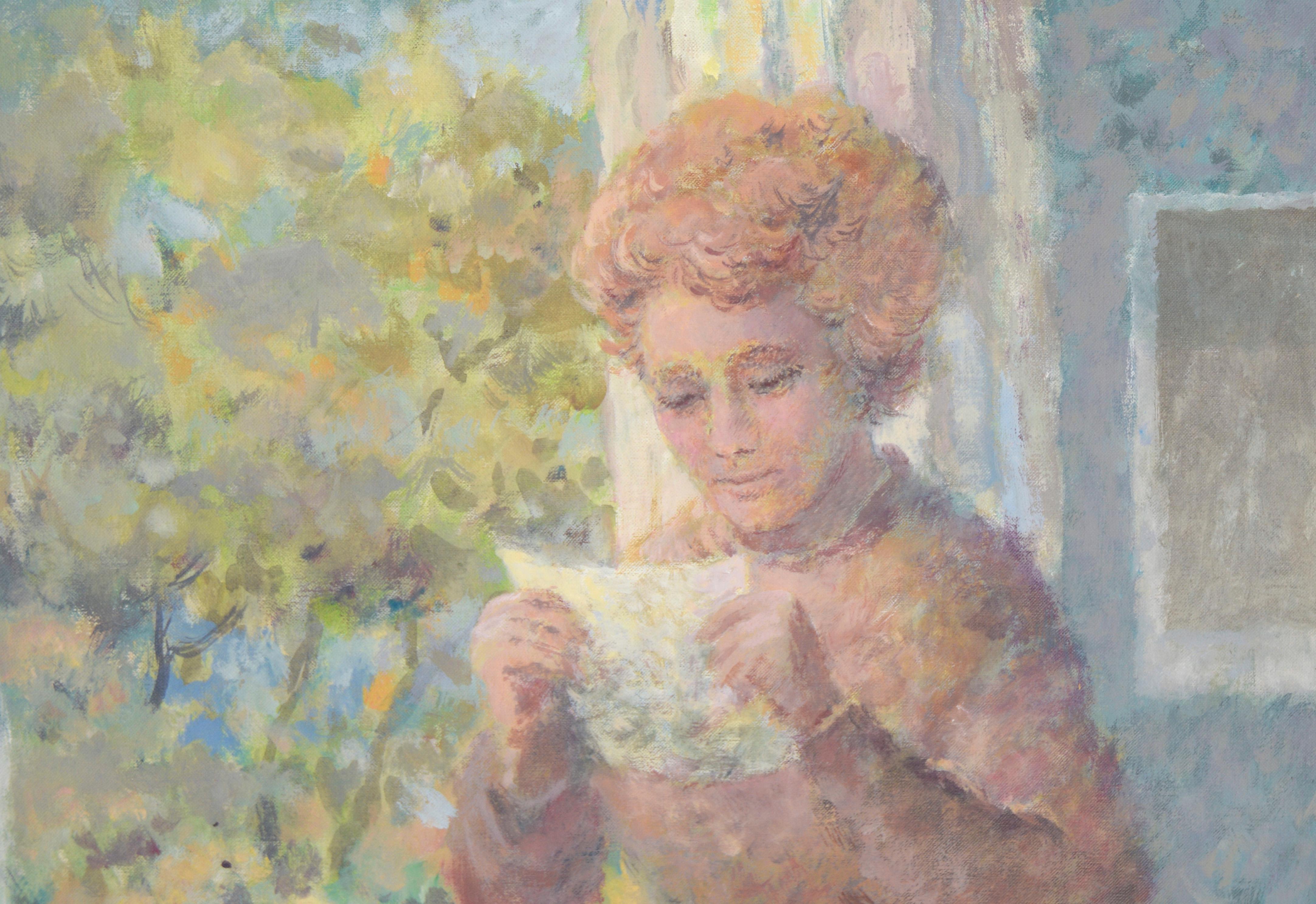 Lettura di una lettera vicino al tavolo da pranzo - Figurativa ad olio su tela - Painting Impressionismo di Edo Pratini