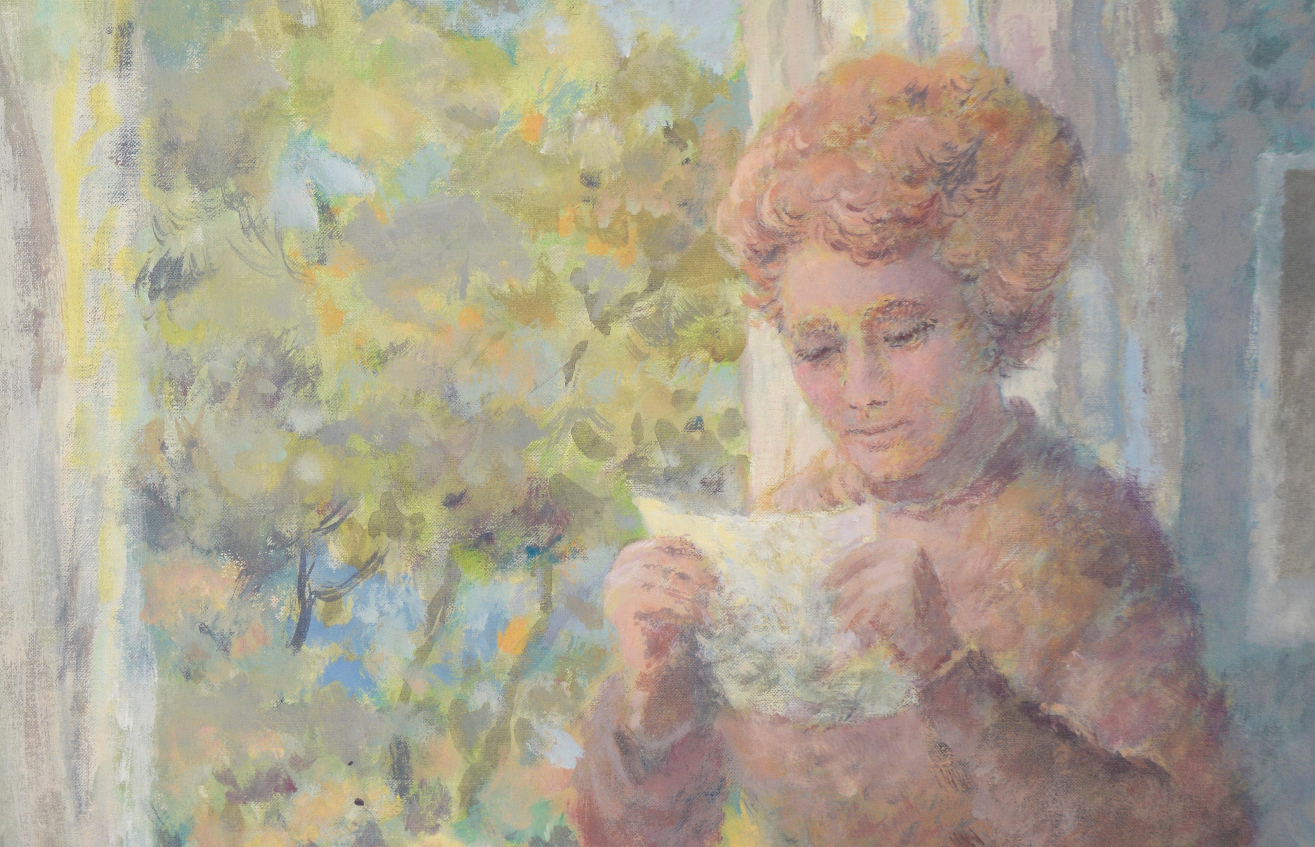 Lettura di una lettera vicino al tavolo da pranzo - Figurativa ad olio su tela - Landscape Painting Beige di Edo Pratini