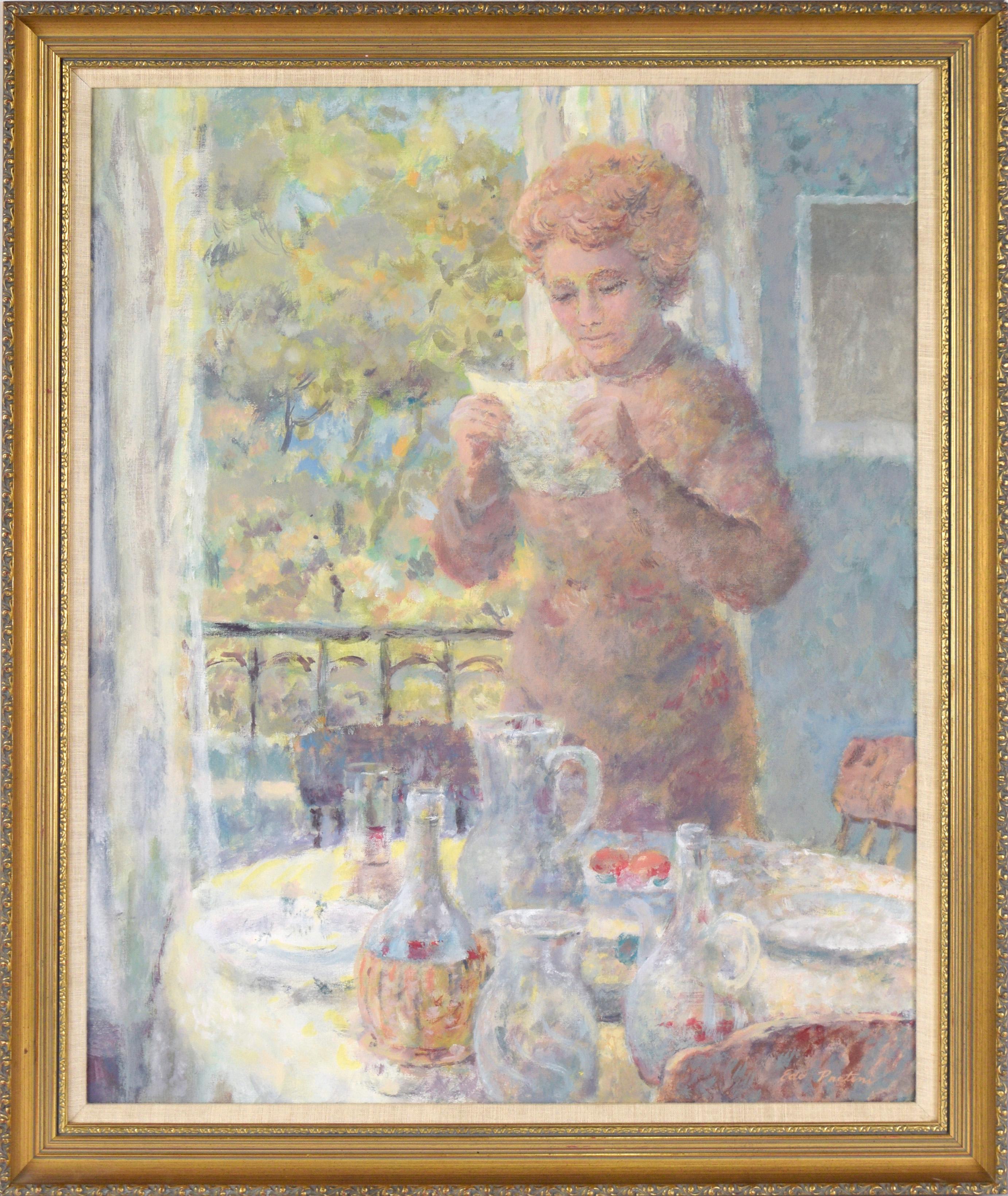 Landscape Painting di Edo Pratini - Lettura di una lettera vicino al tavolo da pranzo - Figurativa ad olio su tela