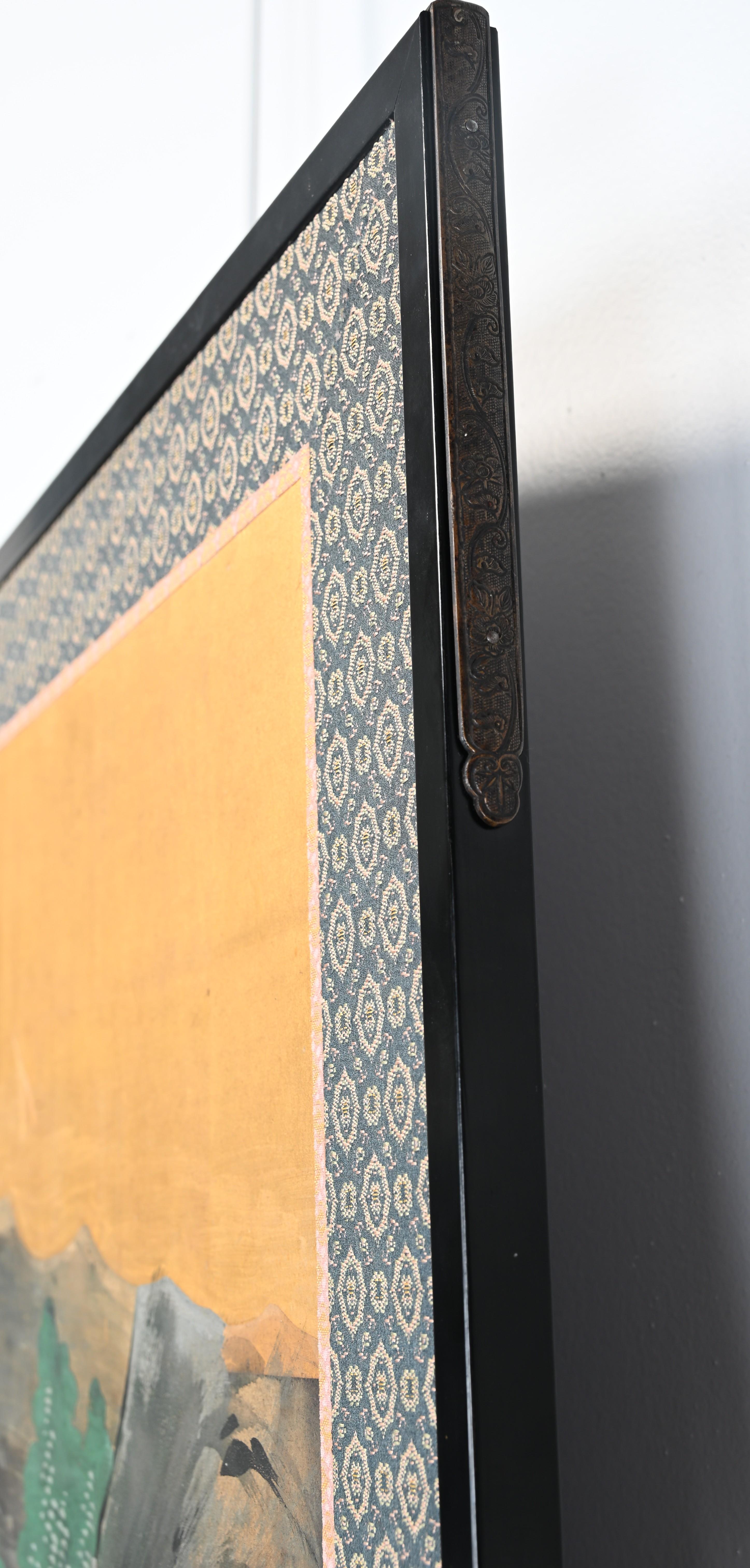 Edo-Style Six-Panel Japanese Byobu Screen with Gold Paint Landscape For Sale 7
