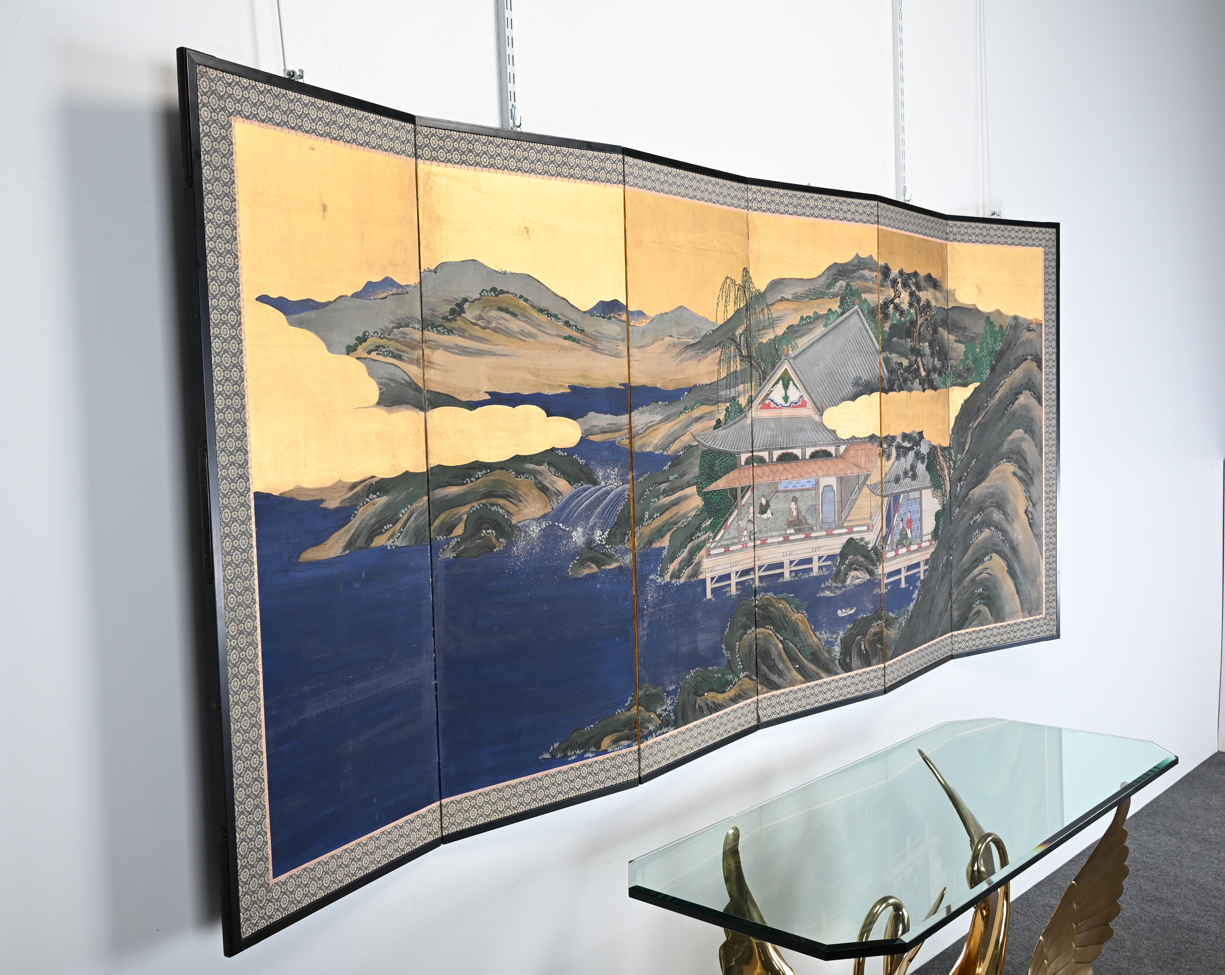 Edo-Style Six-Panel Japanese Byobu Screen with Gold Paint Landscape For Sale 9