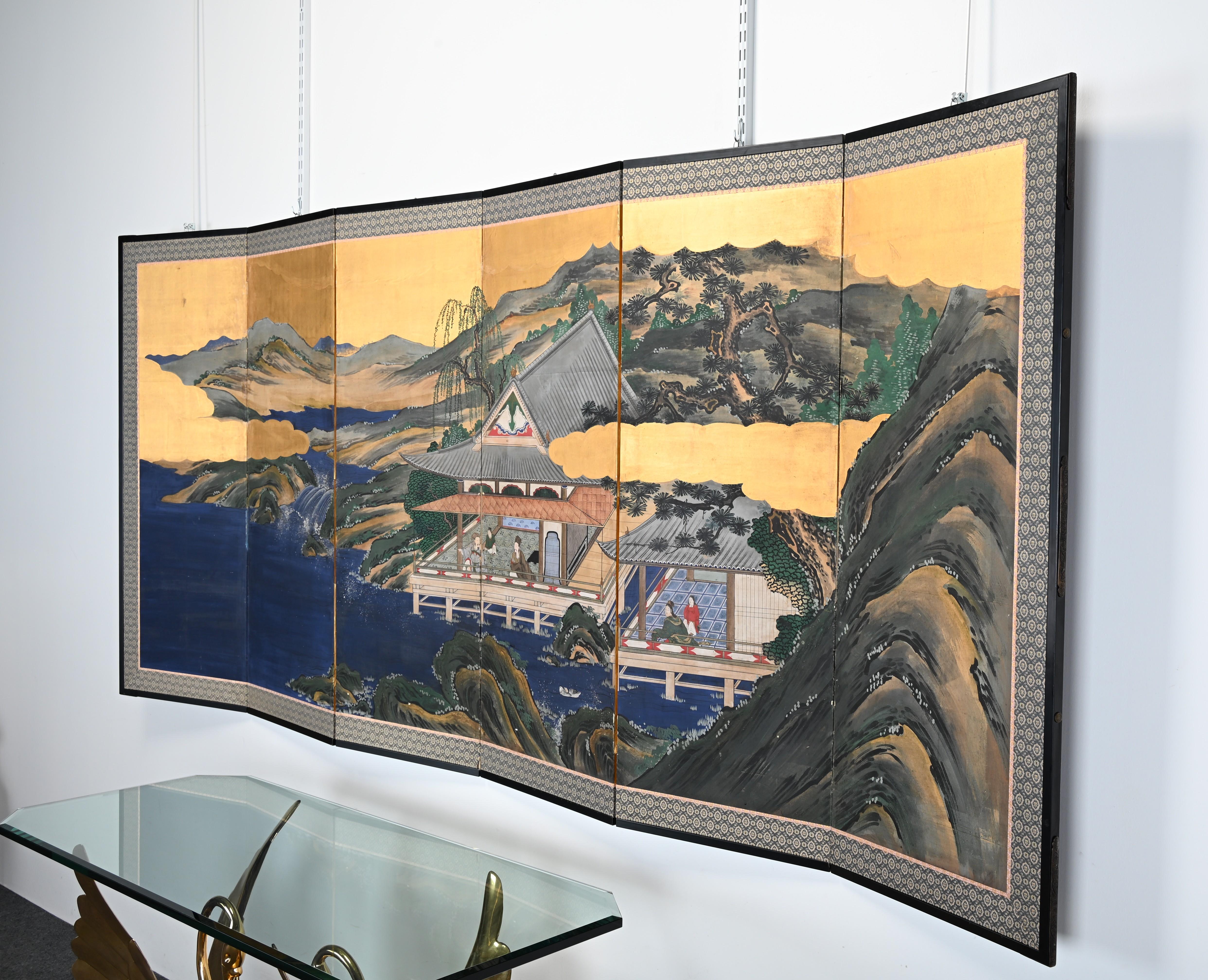 Edo-Style Six-Panel Japanese Byobu Screen with Gold Paint Landscape For Sale 10