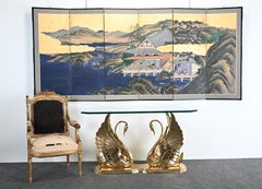 Edo-Style Six-Panel Japanese Byobu Screen with Gold Paint Landscape