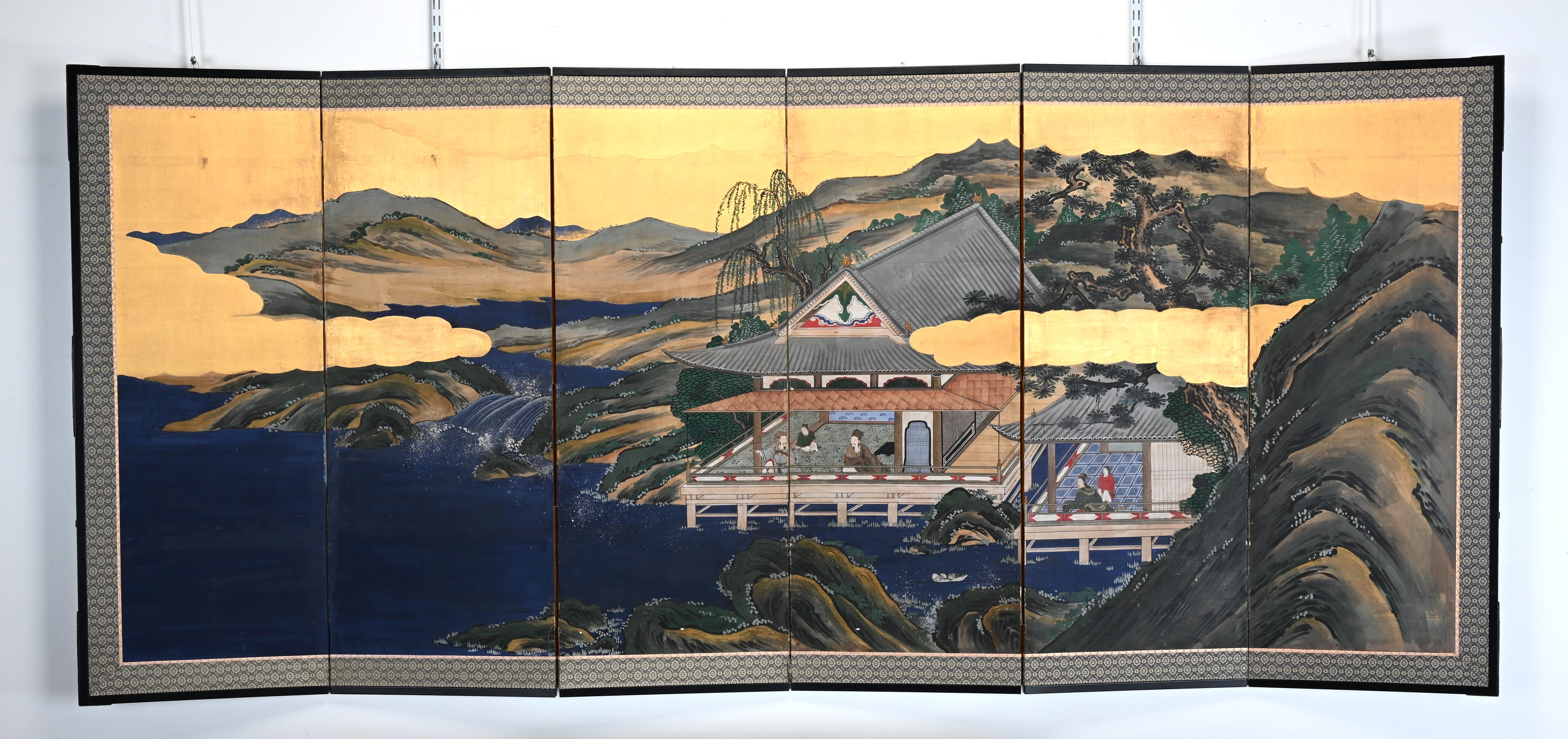 Edo-Style Six-Panel Japanese Byobu Screen with Gold Paint Landscape In Good Condition For Sale In Hamburg, PA