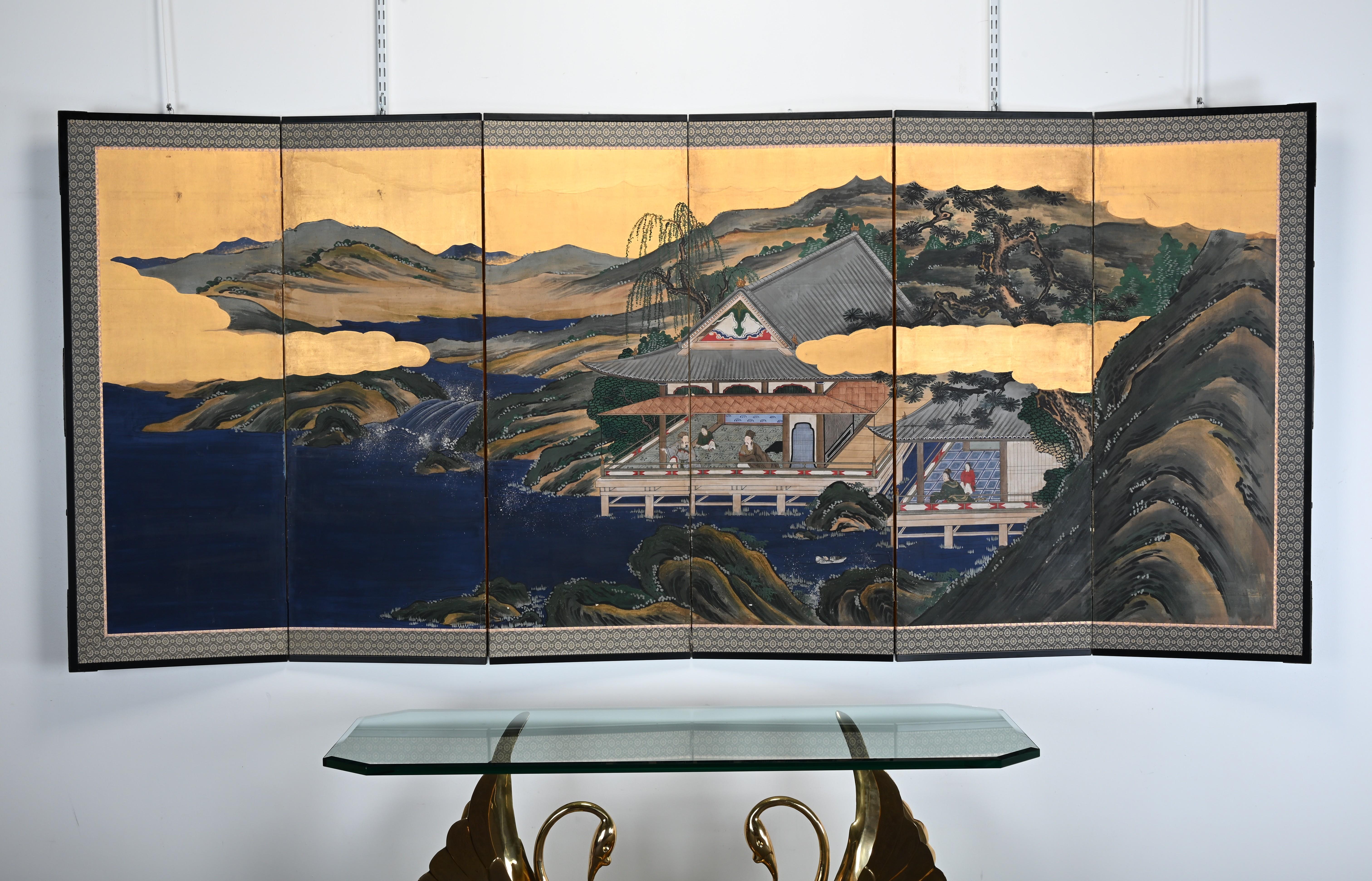 19th Century Edo-Style Six-Panel Japanese Byobu Screen with Gold Paint Landscape For Sale