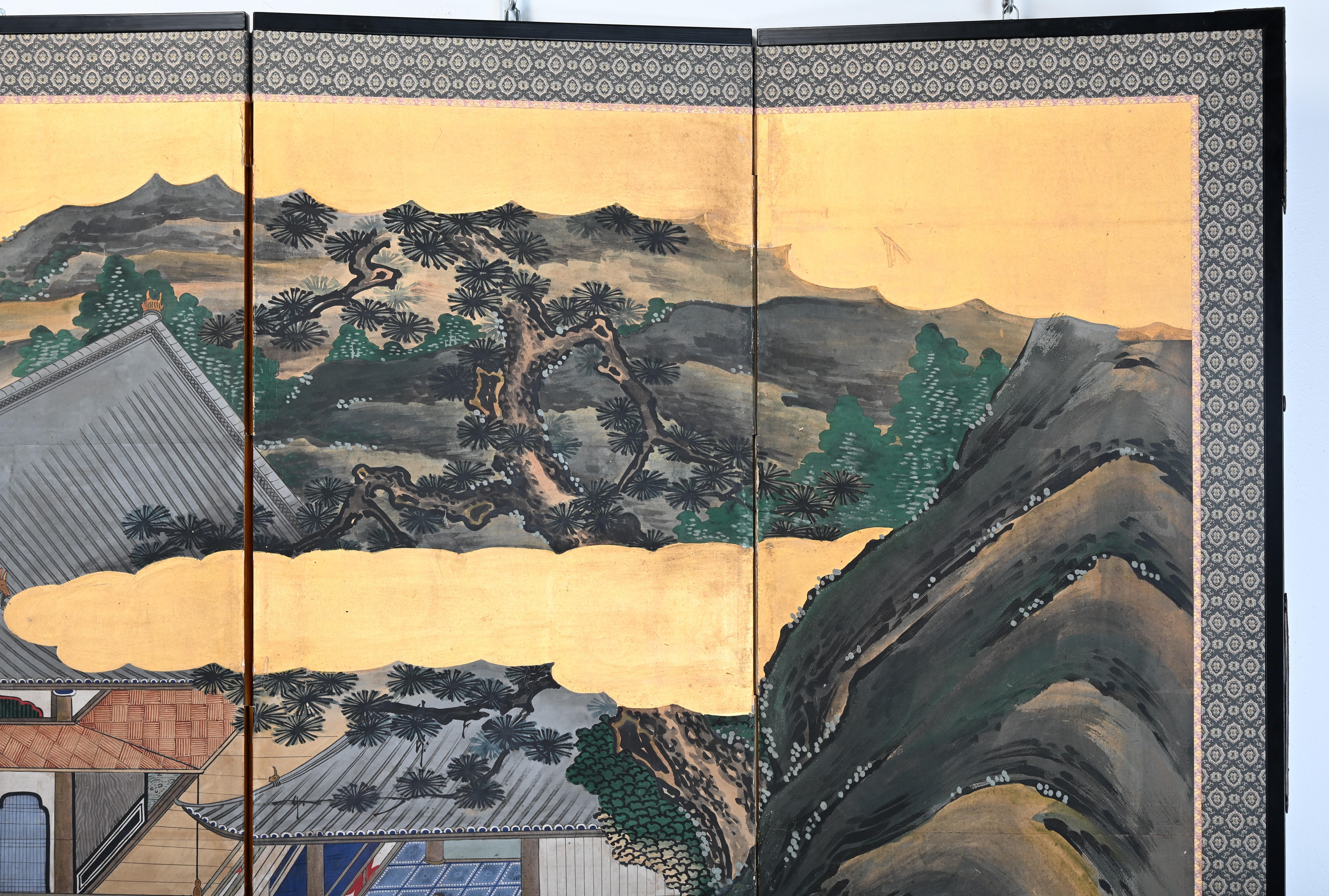 Wood Edo-Style Six-Panel Japanese Byobu Screen with Gold Paint Landscape For Sale