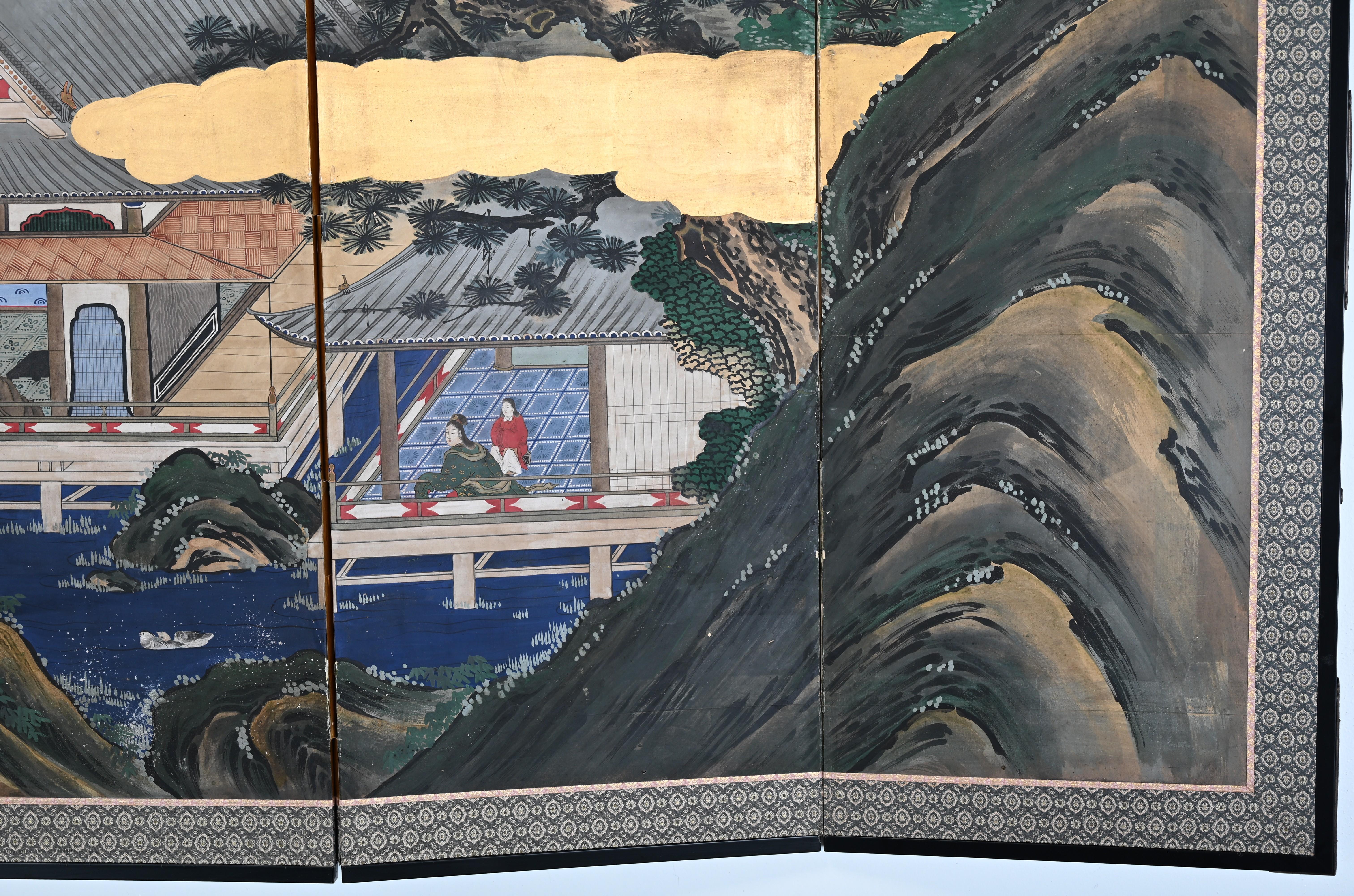 Edo-Style Six-Panel Japanese Byobu Screen with Gold Paint Landscape For Sale 1