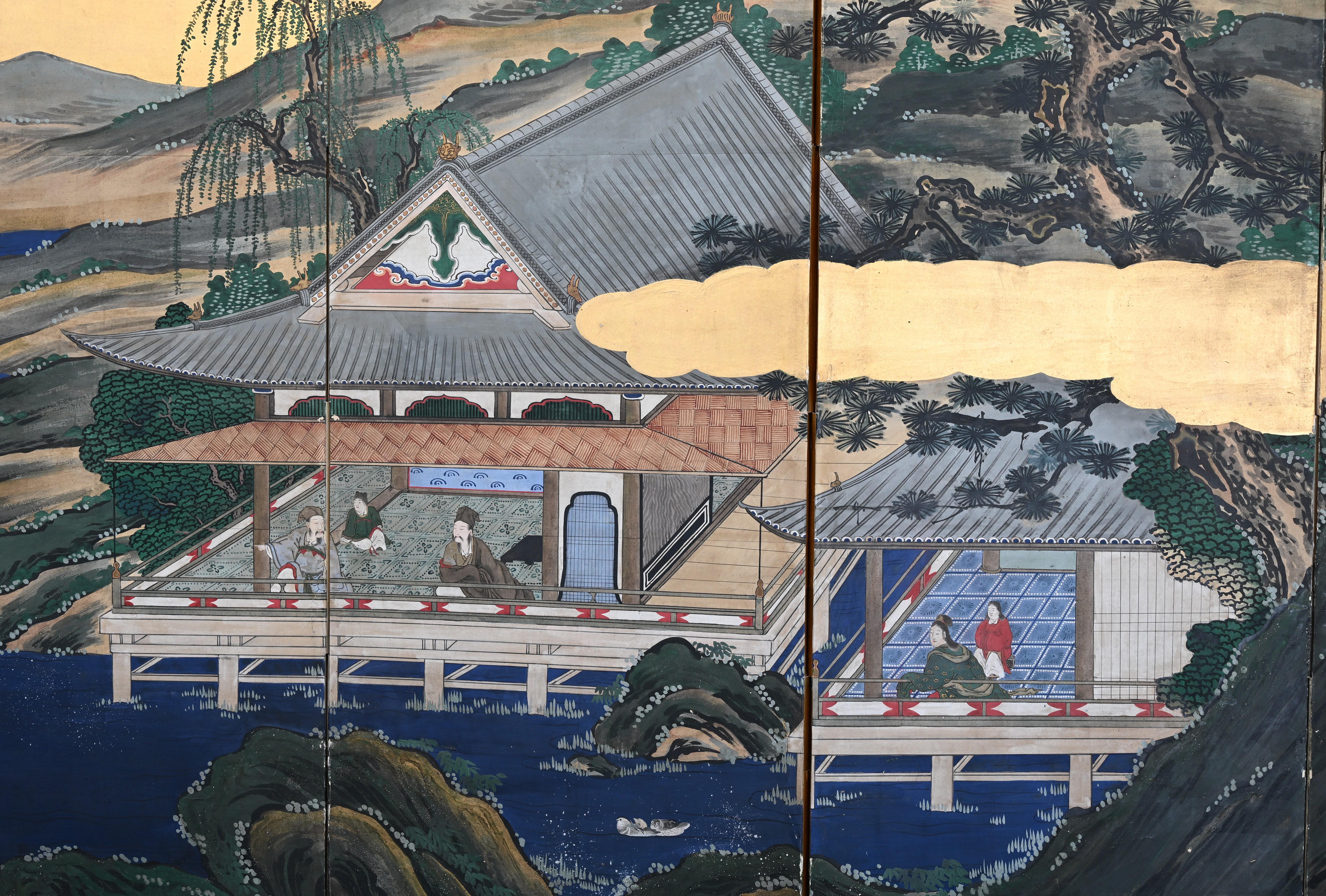 Edo-Style Six-Panel Japanese Byobu Screen with Gold Paint Landscape For Sale 2