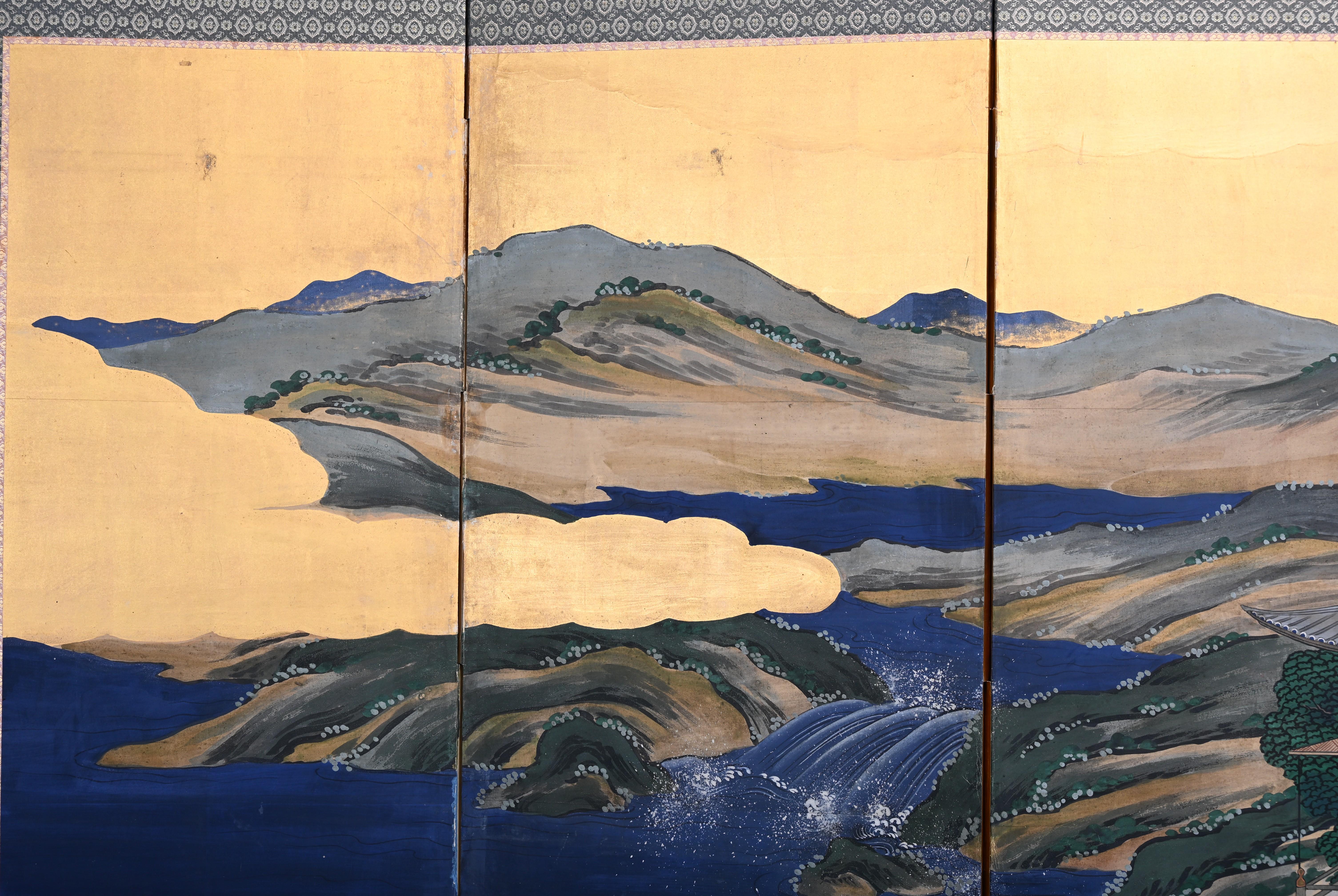 Edo-Style Six-Panel Japanese Byobu Screen with Gold Paint Landscape For Sale 3
