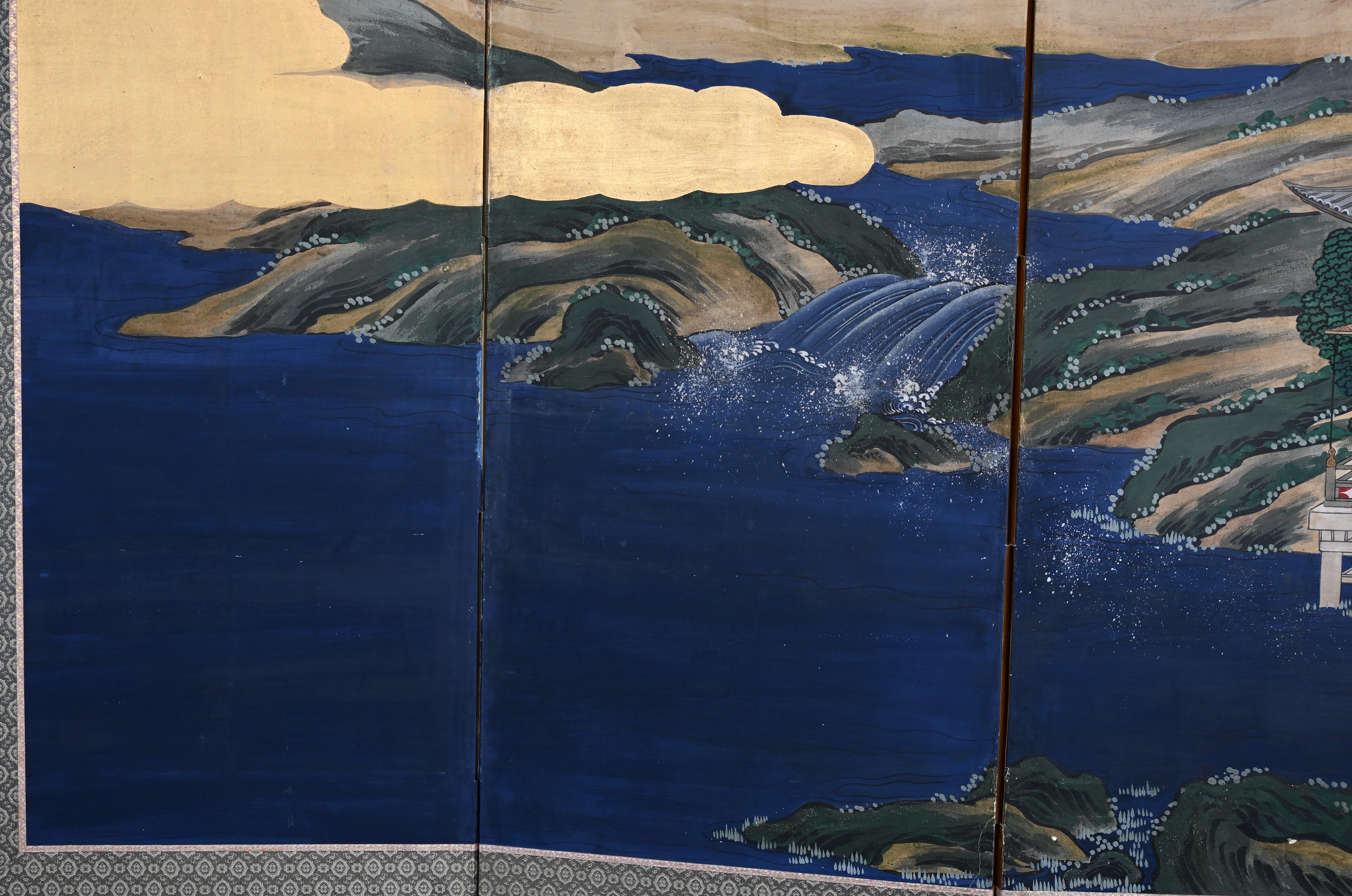 Edo-Style Six-Panel Japanese Byobu Screen with Gold Paint Landscape For Sale 4