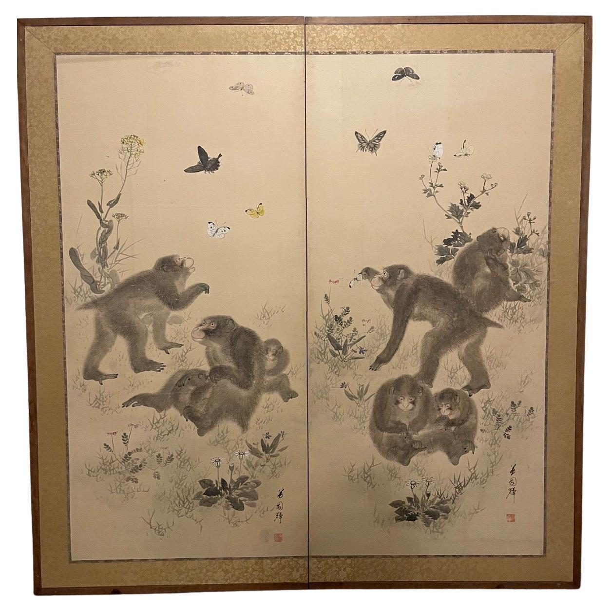 Edo Two-Panel Screen of Japanese Macaques in the Style of Mori Sosen For Sale