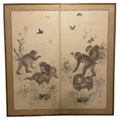 Edo Two-Panel Screen of Japanese Macaques in the Style of Mori Sosen