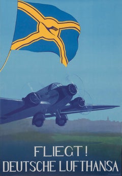 "Fly! Deutsche Lufthansa" Airline Aviation Travel Original Vintage Poster 1930s