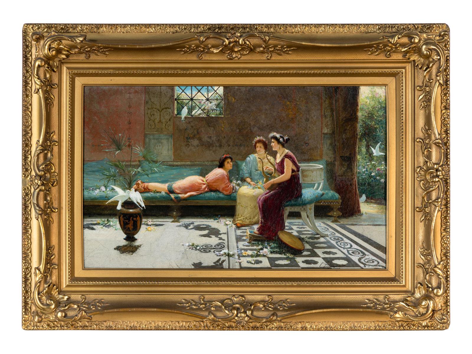 Edoardo Ettore Forti Figurative Painting - "A Pompeiian Love Song" 19th Century Realism Antique Oil on Canvas